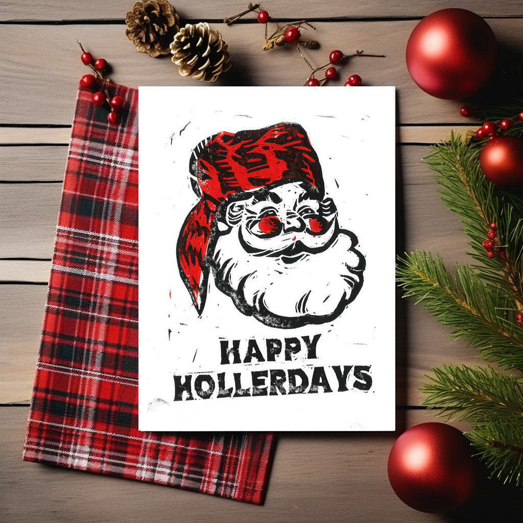 Happy Hollerdays Handmade Lino Cut Print Holiday Cards