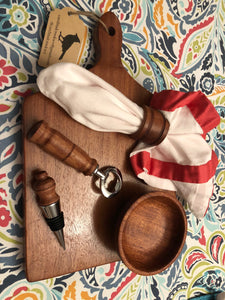 Handmade wood Kitchen set: Cutting Board, napkin rings, bowl, and barset made in West Virginia from African Bubinga.
