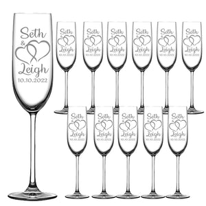 Interlocked Hearts Engraved Wedding Glass Champagne Flutes Set of 12