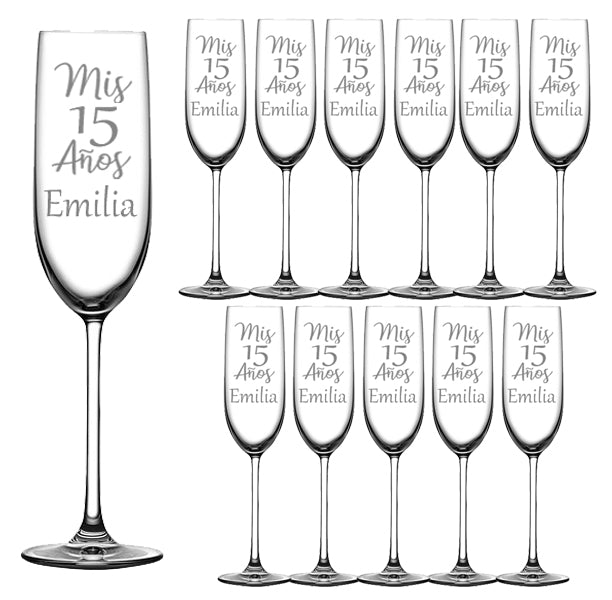 Engraved Quinceanera Glass Champagne Flutes Set of 12