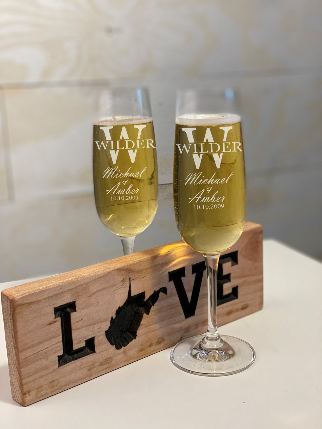 Split Font Engraved Wedding Glass Champagne Flutes Set of 2