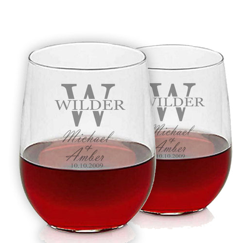 Split Font Engraved Wedding Stemless Wine Glass Set of 2