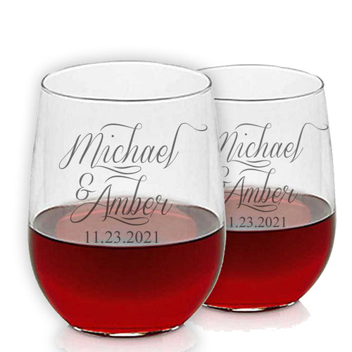 First Names Engraved Wedding Stemless Wine Glass Set of 2