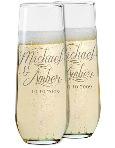 First Names Engraved Wedding Stemless Champagne Flutes Set of 2