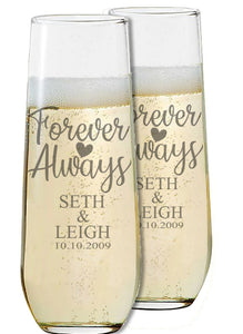 Forever and Always Engraved Wedding Stemless Champagne Flutes Set of 2